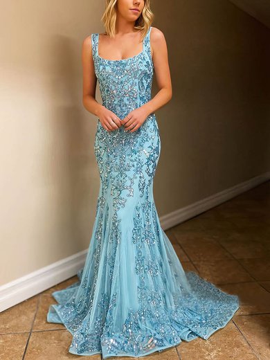 Trumpet/Mermaid Square Neckline Tulle Sweep Train Beading Prom Dresses #Milly020106785