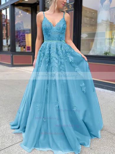 V-neck Royal Blue Satin Beading Prom Dresses With Sweep Train
