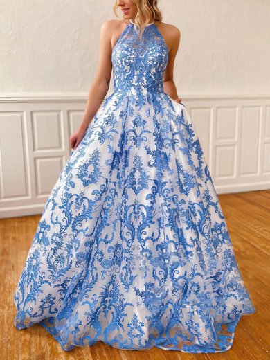 Princess Scoop Neck Lace Floor-length Pockets Prom Dresses #Milly020106790