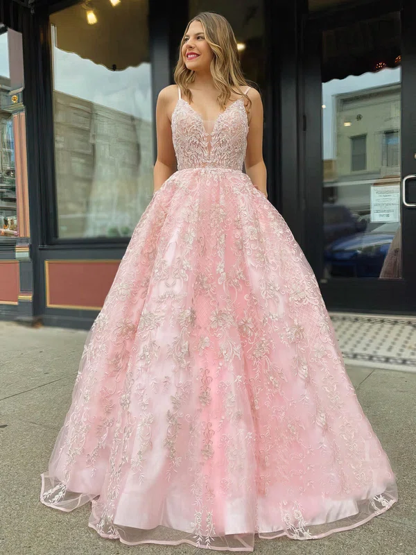 Ball Gown V-neck Tulle Floor-length Lace Prom Dresses #Milly020106791