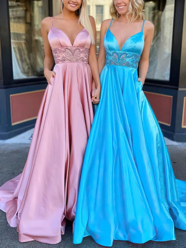 Ball Gown/Princess Sweep Train V-neck Satin Beading Prom Dresses #Milly020106795