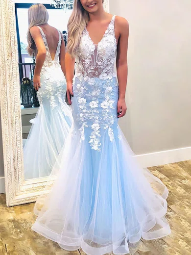 Trumpet/Mermaid Floor-length V-neck Tulle Appliques Lace Prom Dresses #Milly020106798