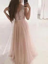 A-line V-neck Tulle Sweep Train Beading Prom Dresses #Milly020106817