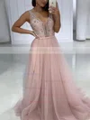 A-line V-neck Tulle Sweep Train Beading Prom Dresses #Milly020106817