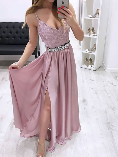 A-line Floor-length V-neck Silk-like Satin Beading Prom Dresses #Milly020106820