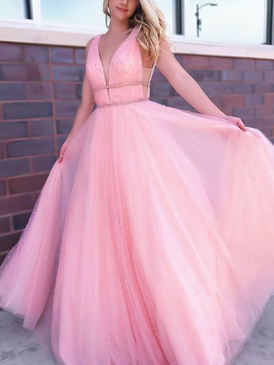 Ball Gown/Princess Floor-length V-neck Tulle Beading Prom Dresses #Milly020106828