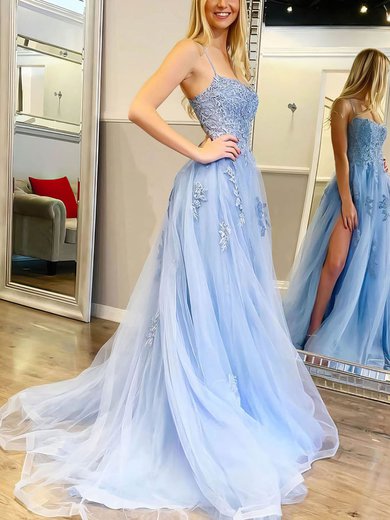 A-line Square Neckline Tulle Sweep Train Appliques Lace Prom Dresses #Milly020106840