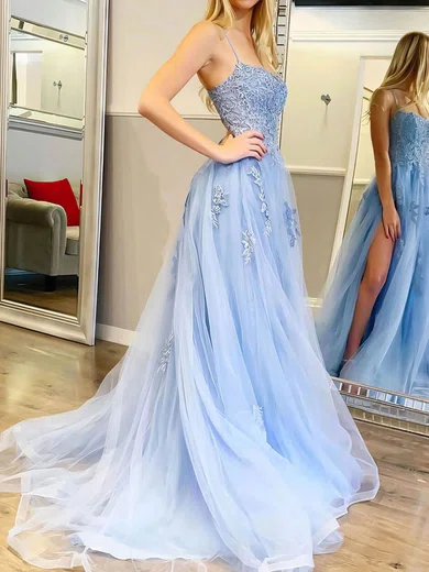 A-line Square Neckline Tulle Sweep Train Appliques Lace Prom Dresses Sale #sale020106840