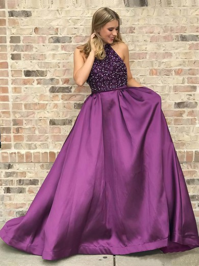 A-line Scoop Neck Satin Sweep Train Beading Prom Dresses #Milly020106853