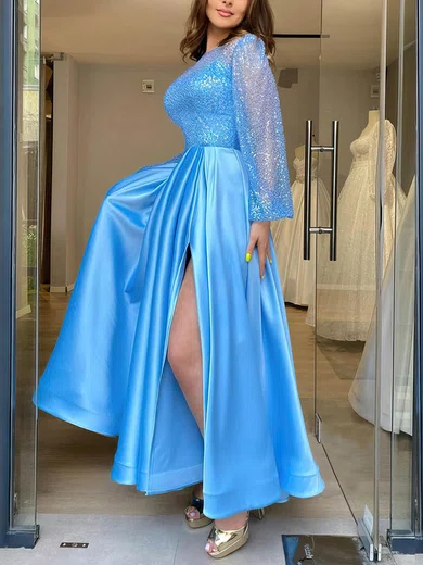 A-line Scoop Neck Satin Ankle-length Split Front Prom Dresses #Milly020106862