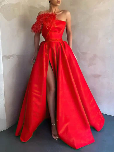 Red Ball Gown Strapless Satin Prom Dresses With Feather #Milly020106878