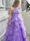 Ball Gown High Neck Organza Floor-length Appliques Lace Prom Dresses #Milly020106882