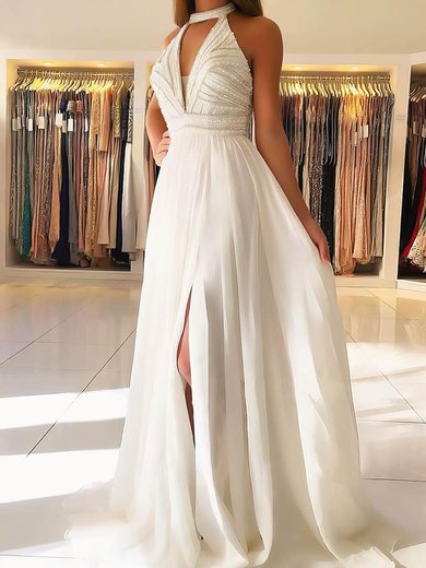 A-line High Neck Chiffon Sweep Train Split Front Prom Dresses #Milly020106907