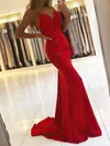 Trumpet/Mermaid Sweep Train V-neck Satin Beading Prom Dresses #Milly020106913