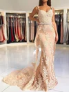 Trumpet/Mermaid V-neck Tulle Sweep Train Beading Prom Dresses #Milly020106922