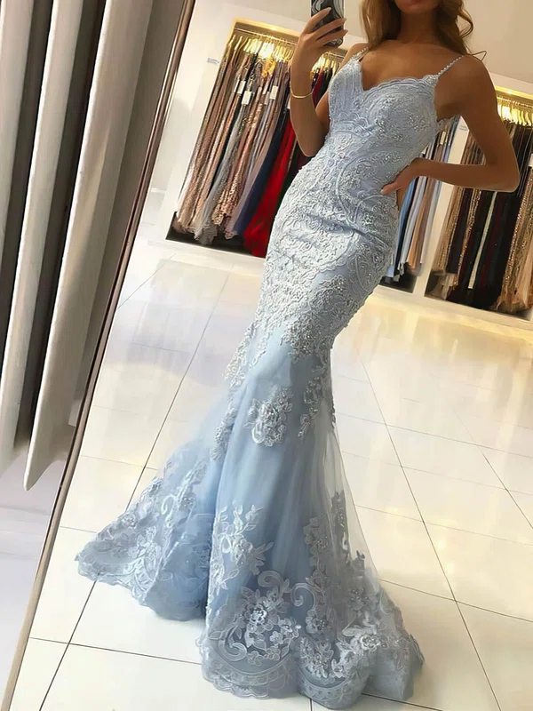 Trumpet/Mermaid V-neck Tulle Sweep Train Beading Prom Dresses #Milly020106927