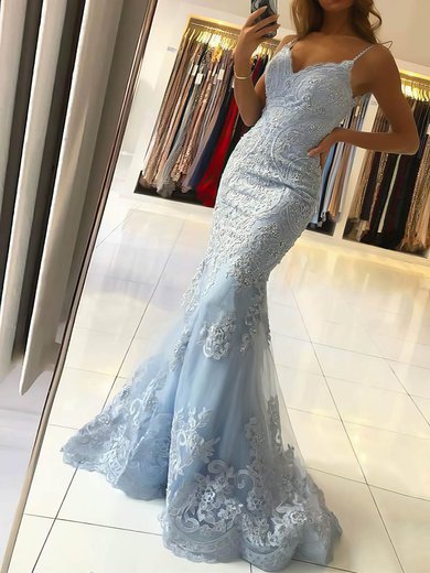 Trumpet/Mermaid V-neck Tulle Sweep Train Beading Prom Dresses #Milly020106927