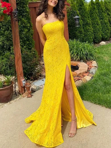 Trumpet/Mermaid Square Neckline Lace Sweep Train Split Front Prom Dresses #Milly020106644