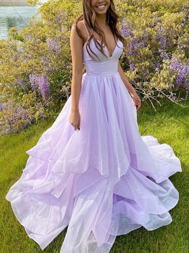 Princess V-neck Glitter Sweep Train Cascading Ruffles Prom Dresses #Milly020106646