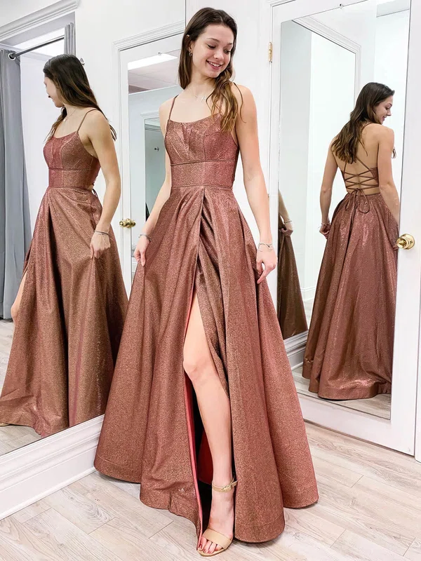 A-line Square Neckline Glitter Floor-length Split Front Prom Dresses #Milly020106655