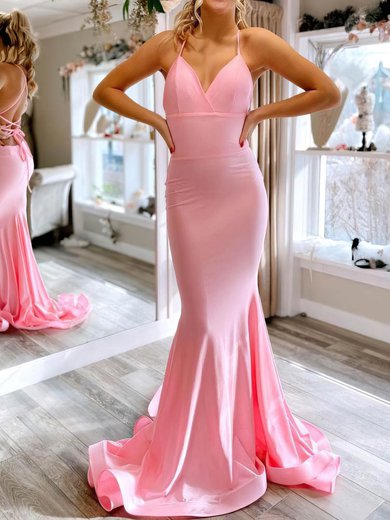 Trumpet/Mermaid V-neck Jersey Sweep Train Prom Dresses #Milly020106694
