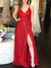 A-line V-neck Glitter Sweep Train Split Front Prom Dresses #Milly020106703