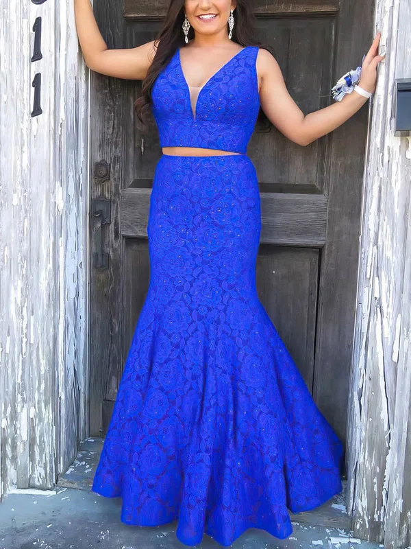 Trumpet/Mermaid V-neck Lace Sweep Train Beading Prom Dresses #Milly020106706