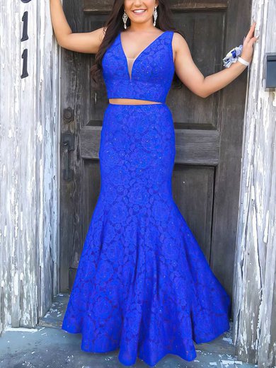 Trumpet/Mermaid V-neck Lace Sweep Train Beading Prom Dresses #Milly020106706