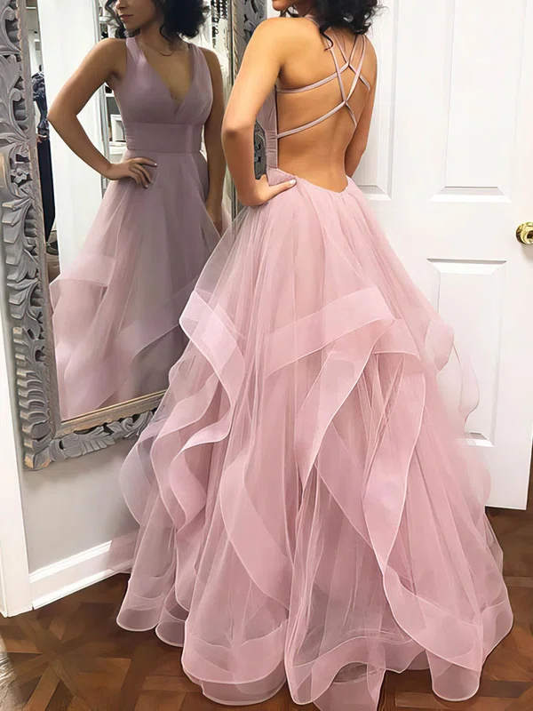 Princess V-neck Tulle Floor-length Cascading Ruffles Prom Dresses #Milly020106712