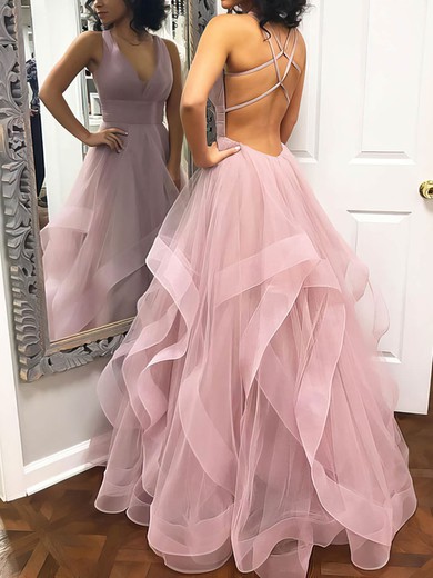 Ball Gown/Princess Floor-length V-neck Tulle Cascading Ruffles Prom Dresses #Milly020106712