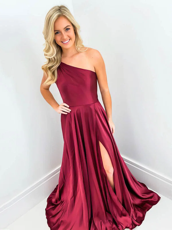 A-line One Shoulder Silk-like Satin Sweep Train Beading Prom Dresses #Milly020106732