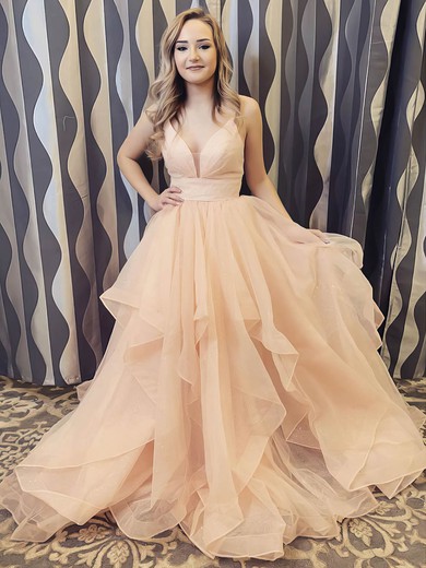 Princess V-neck Glitter Sweep Train Cascading Ruffles Prom Dresses #Milly020106734