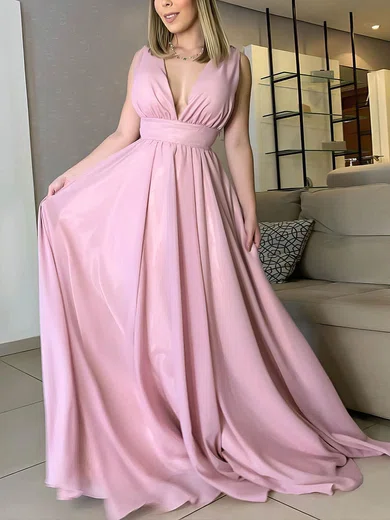 A-line Sweep Train V-neck Chiffon Elegant Prom Dresses #Milly020106738