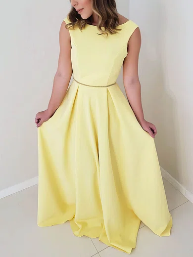 A-line Scoop Neck Satin Sweep Train Beading Prom Dresses #Milly020106742