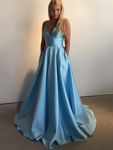 A-line V-neck Satin Sweep Train Pockets Prom Dresses #Milly020106746