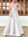 A-line V-neck Satin Floor-length Prom Dresses #Milly020106747
