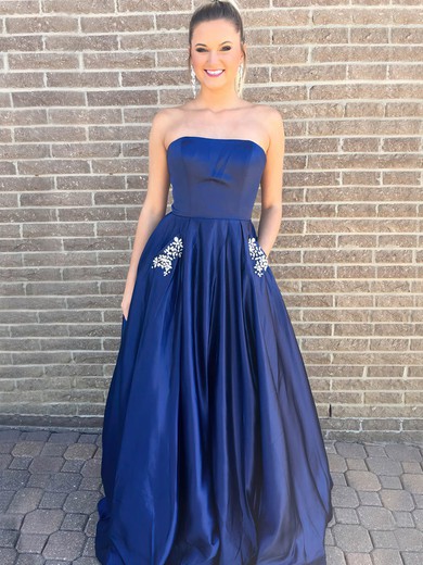 A-line Strapless Satin Sweep Train Beading Prom Dresses #Milly020106776