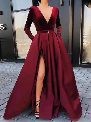 Ball Gown V-neck Velvet Satin Prom Dresses With Long Sleeves #Milly020106823