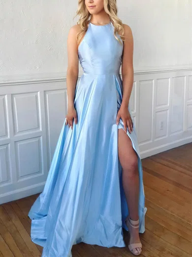 A-line Sweep Train Scoop Neck Satin Split Front Prom Dresses #Milly020106857
