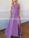 A-line Scoop Neck Satin Sweep Train Split Front Prom Dresses #Milly020106857