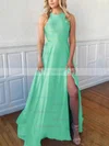 A-line Scoop Neck Satin Sweep Train Split Front Prom Dresses #Milly020106857