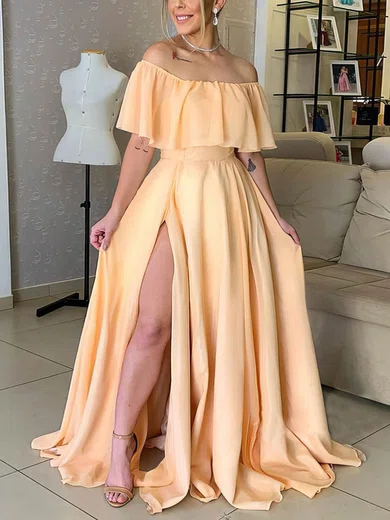 A-line Sweep Train Off-the-shoulder Chiffon Split Front Prom Dresses #Milly020106861