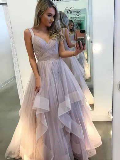 Princess V-neck Tulle Floor-length Cascading Ruffles Prom Dresses #Milly020106863