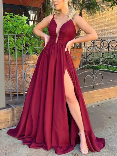 A-line V-neck Chiffon Sweep Train Split Front Prom Dresses #Milly020106865