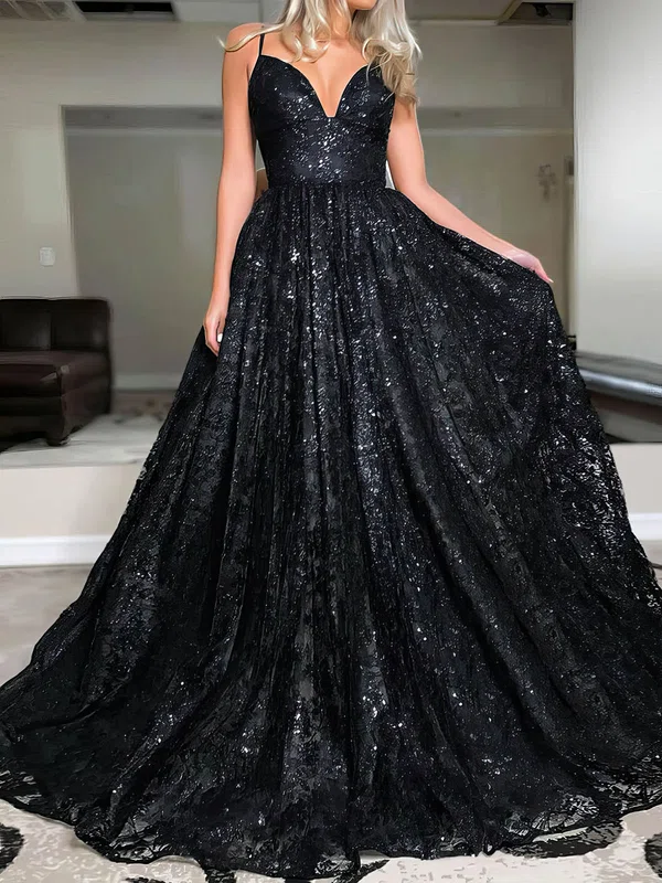 Black Ball Gown V-neck Lace Sparkly Prom Dresses With Ruched #Milly020106877