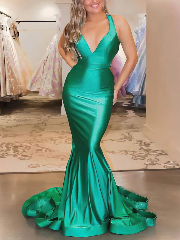 Trumpet/Mermaid Sweep Train V-neck Jersey Beading Prom Dresses #Milly020106899