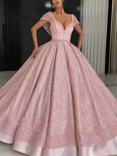 Ball Gown/Princess Floor-length V-neck Lace Satin Beading Prom Dresses #Milly020106932
