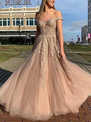 A-line Off-the-shoulder Tulle Sweep Train Beading Prom Dresses #Milly020106936