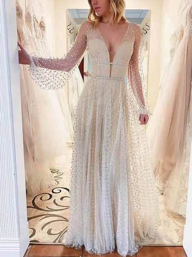 A-line Floor-length V-neck Tulle Long Sleeves Pearl Detailing Prom Dresses #Milly020106937