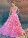 A-line V-neck Tulle Sweep Train Beading Prom Dresses #Milly020106942